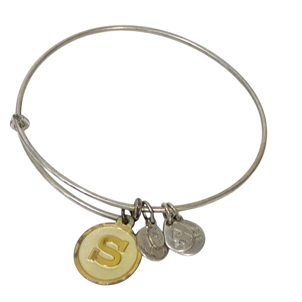 Alex and Ani Gold Silver Tone Monogram Initial‎ S Bangle Adjustable Bracelet